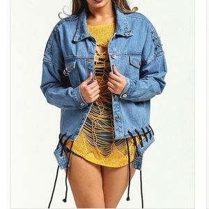 Rehab Oversized Denim Jean Jacket With Black Tie